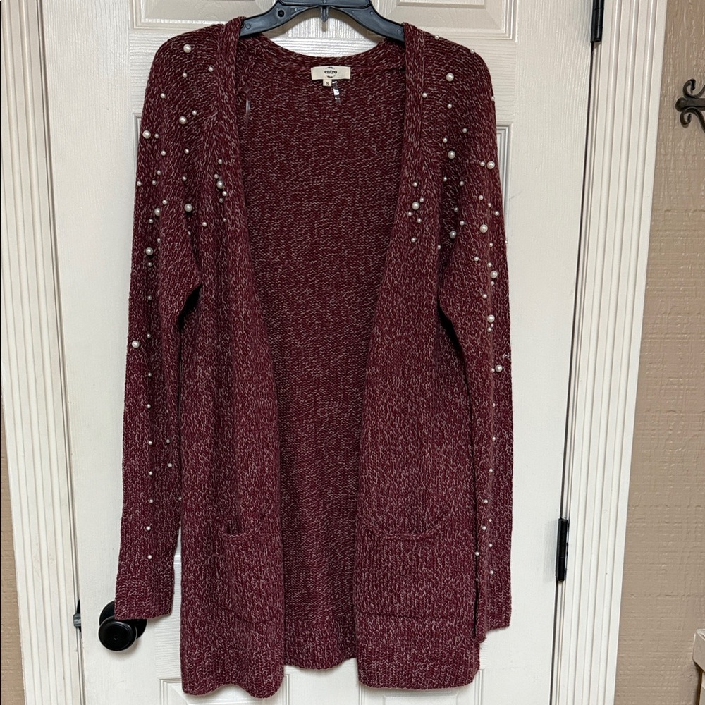 Entro Maroon Cardigan with Pearl Accents